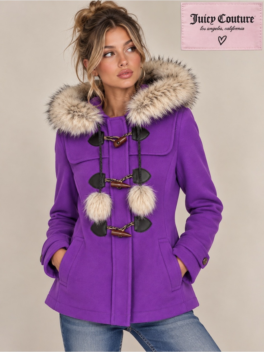 Juicy Couture Purple Wool Faux Fur Hood Toggle Coat Y2K M